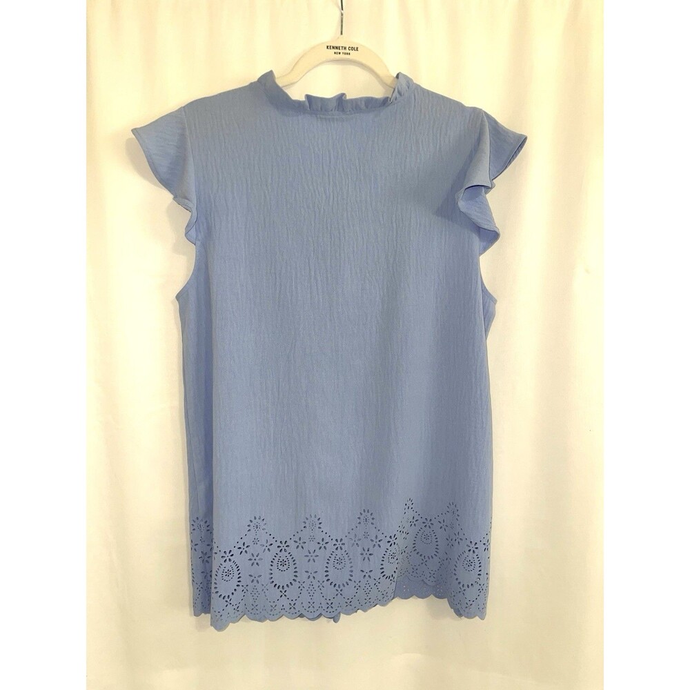 Floral & Ivy Shirt Flitter Sleeve Rouched Eyelet Tie Neck Blue Women’s Size L - Picture 8 of 11